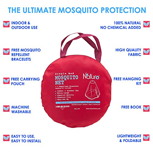 #1 Das beste Moskitonetz von NATURO -Das größte Einzelbett Moskitonetz Baldachin - Insekten Malaria Zika Schutz - Gratis Boni: 2 Insektenschutz Armbänder, ein Aufhängekit & Tragetasche - 6